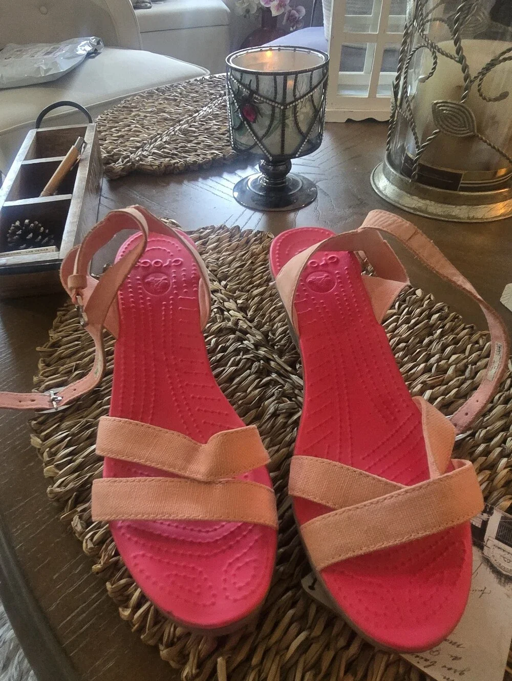 Crocs Women’s Peach Pink Wedge Sandals - Ankle Strap Comfort